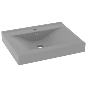 Matt-hellgraues Keramik-Waschbecken, rechteckig, mit Hahnloch und Überlauf. Luxuriöses Design für Bad und WC.
