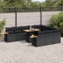 Schwarze 11-tlg. vidaXL Garten-Sofagarnitur aus Poly Rattan mit Tisch und Kissen.