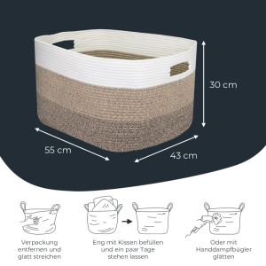 XXL Wäschekorb, Baumwoll-Aufbewahrungskorb mit Griffen, weiß-braun, 55x43x30 cm
