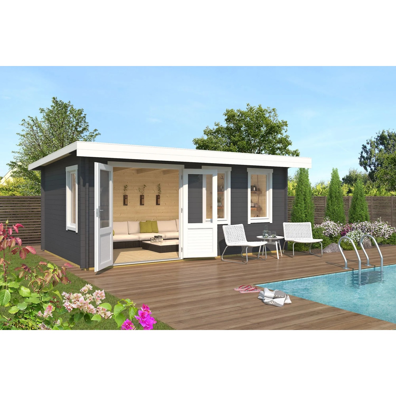 Lasita Holz-Gartenhaus Baruda 53 Flachdach Carbongrau Lasiert 510 cm x 330 cm