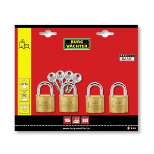 Burg Wächter Vorhangschloss-Set Quadro 222 15 SB mit 4 Messing-Vorhängeschlössern und Schlüsseln.