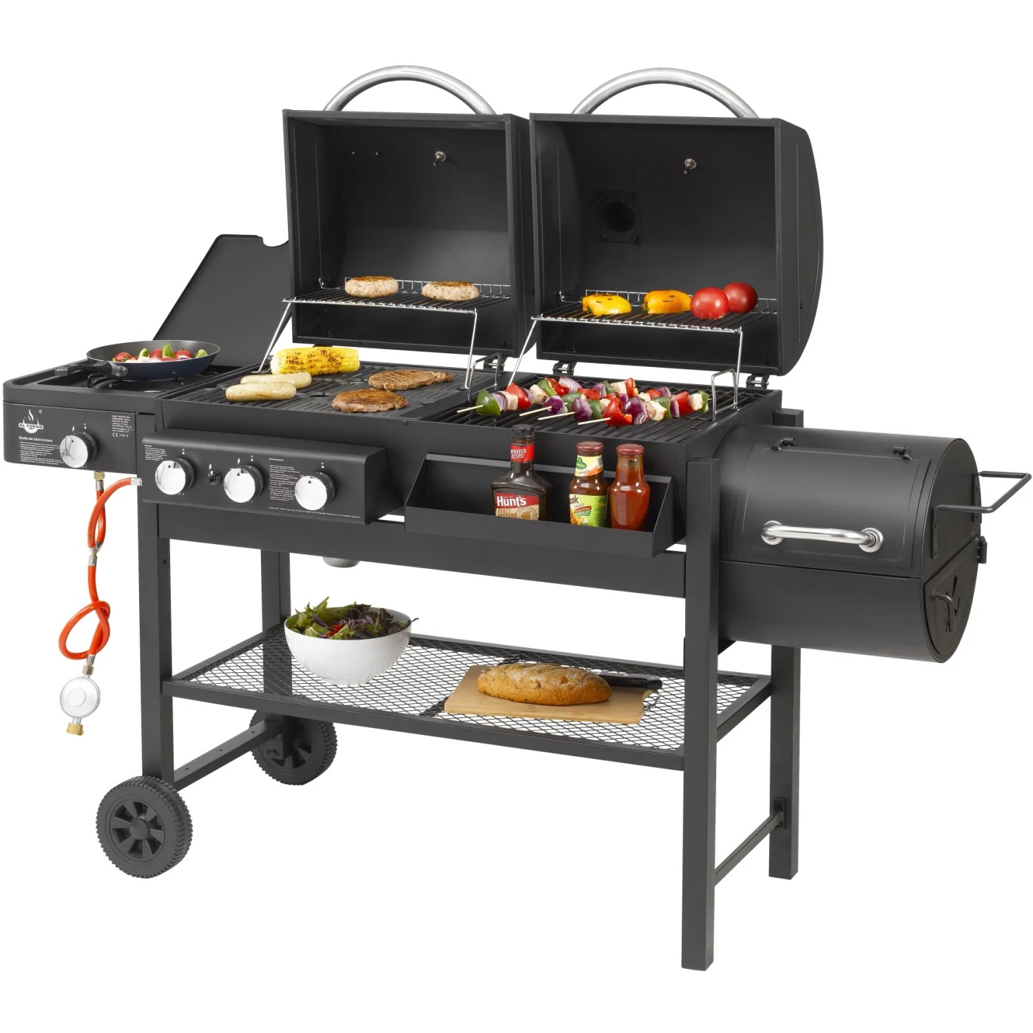 El Fuego 3in1 Kombigrill Sierra: Gas-, Kohle- und Smoker-Grill mit Ablageflächen und Rädern.