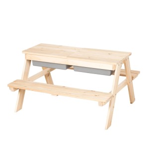 Roba Kindersitzgarnitur aus hellem Massivholz mit zwei grauen Spielwannen unter abnehmbarer Tischplatte für Outdoor-Spiel.