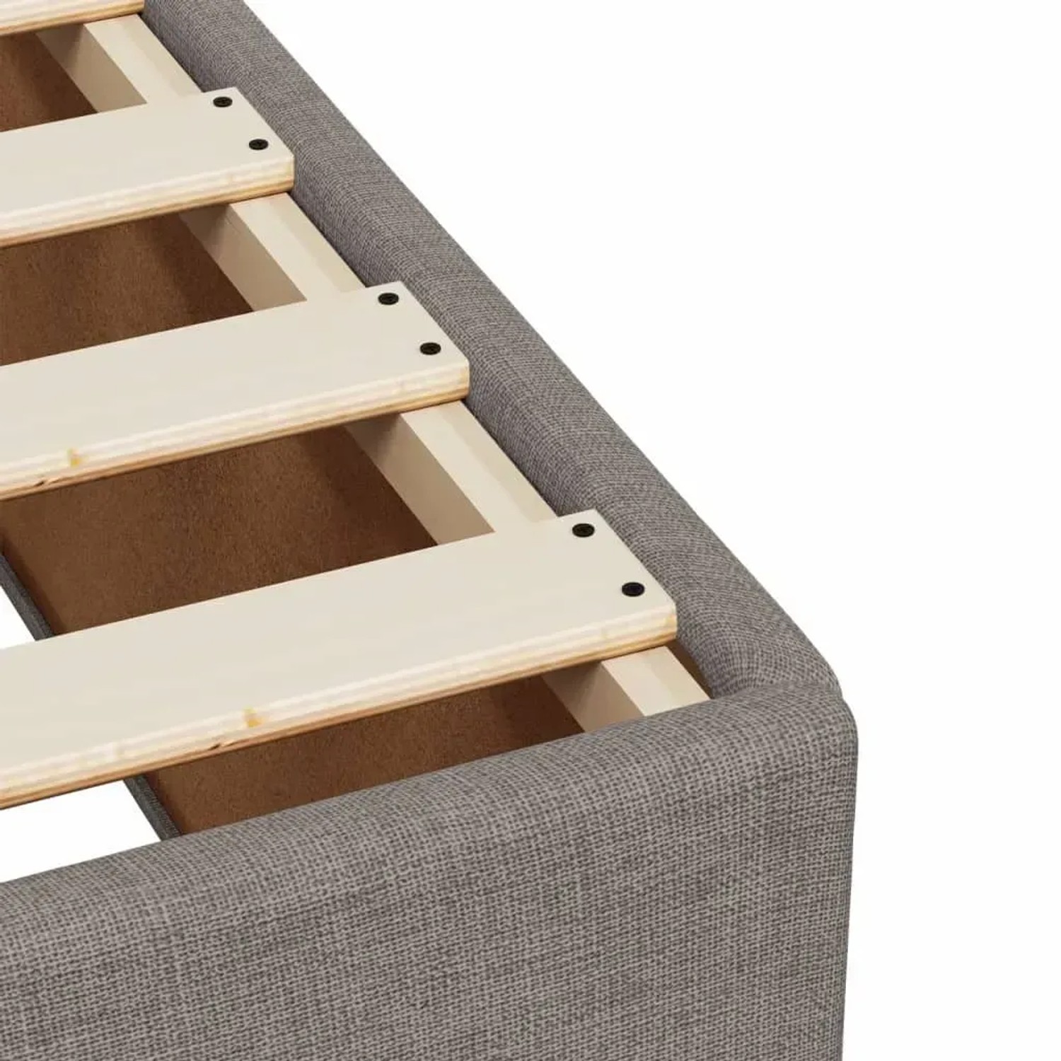 Detailansicht Boxspringbett vidaXL, taupefarbener Stoffbezug, Holzlattenrost.