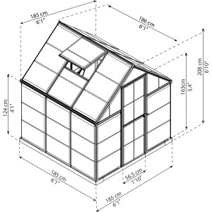 Technische Zeichnung: Palram Canopia Gewächshaus, 3,4 m², grauer Rahmen, Maße und Details.