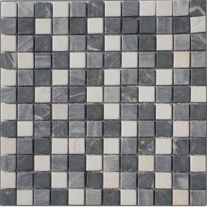 Mosaikmatte aus Marmor, grau-weißer Mix, 30x30 cm. Quadratische Mosaikfliesen.