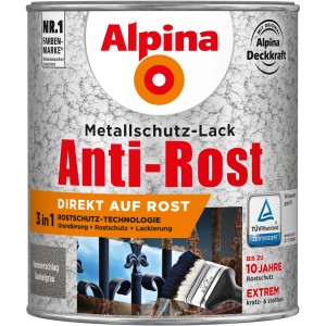 Dunkelgrauer Alpina Metallschutz-Lack Anti-Rost im Hammerschlag-Design, 750ml Dose.