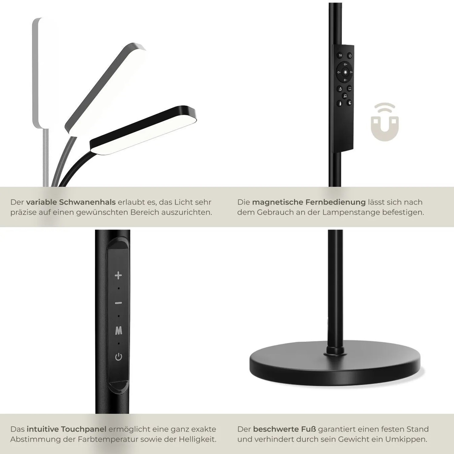 Schwarze Tectake LED Stehlampe mit Schwanenhals, dimmbar und mit Fernbedienung.