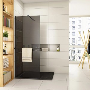 Duschparadies 100 x200cm Walkin Duschwand 8mm NANO Glas Dusche Grauglas Duschtrennwand Duschabtrennung Mit Duschregal Mit 120cm Stabilisator