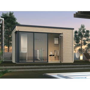 Modernes Weka Holz-Gartenhaus Cubilis mit Glasfront, naturbelassen, 380x300 cm.