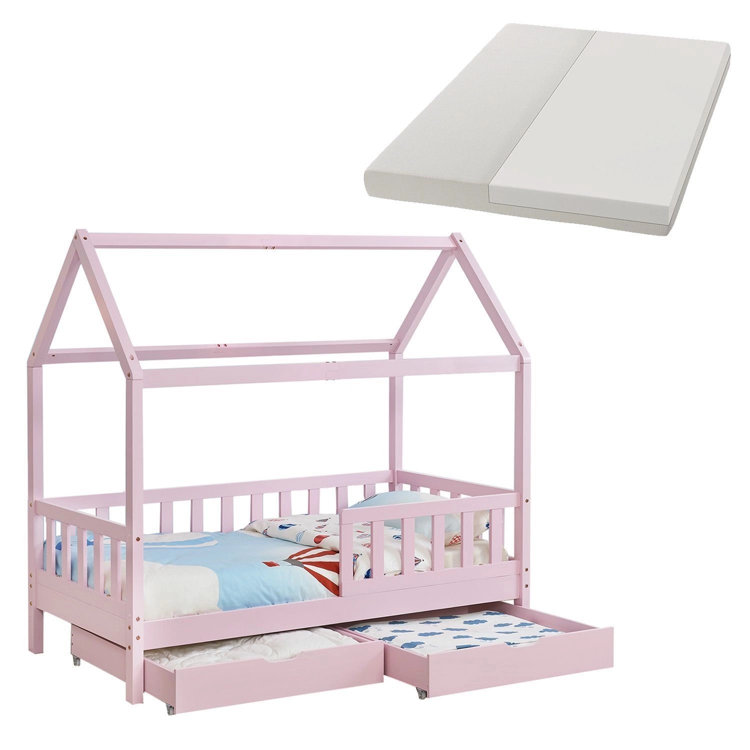Juskys Kinderbett Marli 90 x 200 cm mit Bettkasten und Matratze Rosa günstig online kaufen