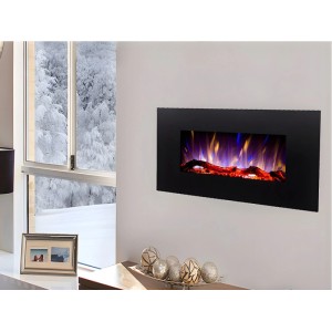 Schwarzer Vente-unique Wandkamin Chandela, 84 cm, mit bunten LED-Flammen als Heizkörper im modernen Raum.