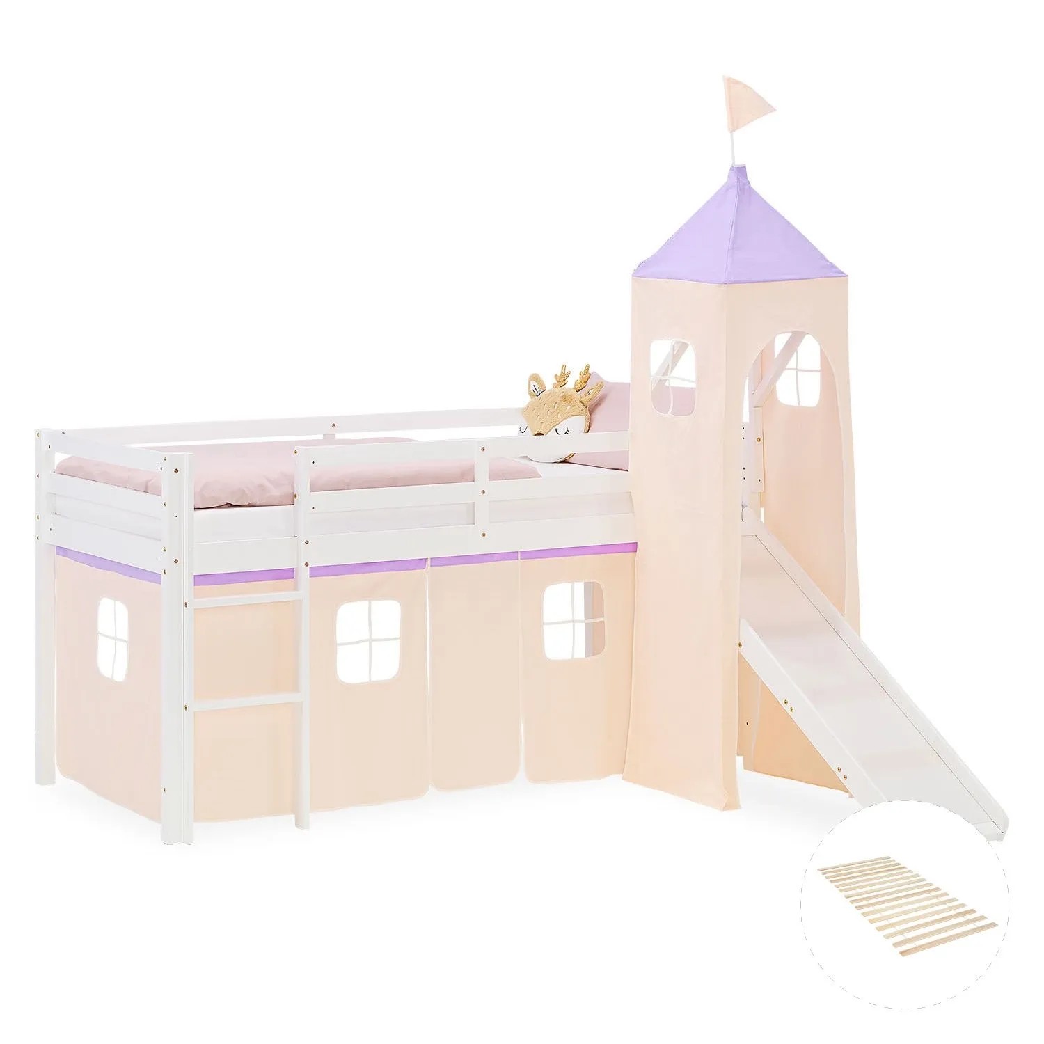 Homestyle4u Kinder Hochbett 90x200 Rutsche Lila Peach Kinderbett 2957