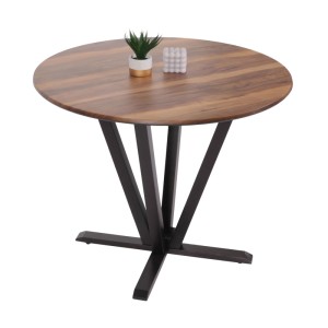 Runder Bistrotisch mit Sheesham Holz-Optik HPL-Platte und modernem, dunklem Massivholz-Gestell für Garten oder Zuhause.