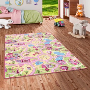 Rosa Kinder Spielteppich 200x200cm mit Straßen, Häusern und Parks für fantasievolles Spielen.