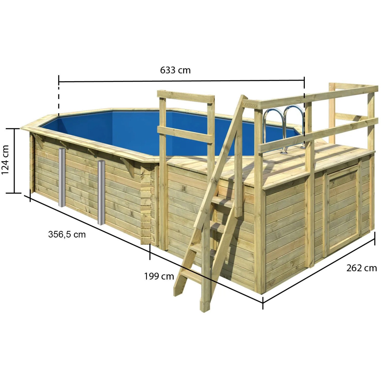 Karibu Holzpool Set mit Sonnenterrasse und Eckterrasse, inklusive Leiter und blauer Innenfolie.