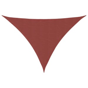 Dreieckiges Sonnensegel in Terrakotta-Rot aus Oxford-Gewebe, wasserfest, mit Befestigungsösen. Für Garten & Terrasse.