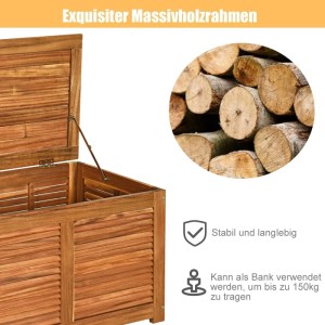 Costway Gartenbox aus Akazienholz, 179 L, mit geöffnetem Deckel und Holzscheiten im Hintergrund.