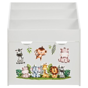 Weißes Juskys Kinder Bücherregal mit 3 Fächern und Spielzeugkiste, verziert mit Tiermotiven.