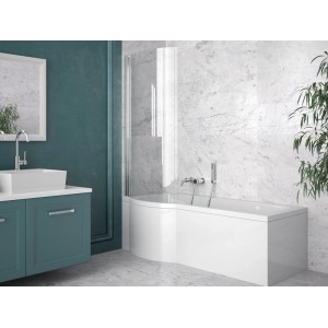 Weiße Rechteck-Badewanne 170x70 cm mit linker Rundung, Acrylschürze und Glas-Duschabtrennung im modernen Bad.
