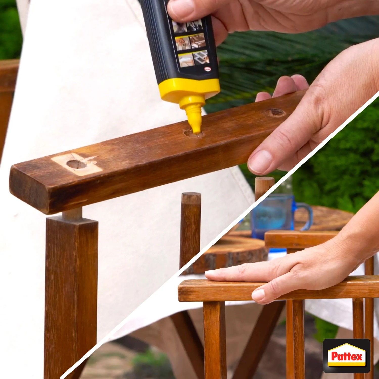 Anwendung von Pattex 100% Repair Alleskleber zum Reparieren eines Holzstuhls.