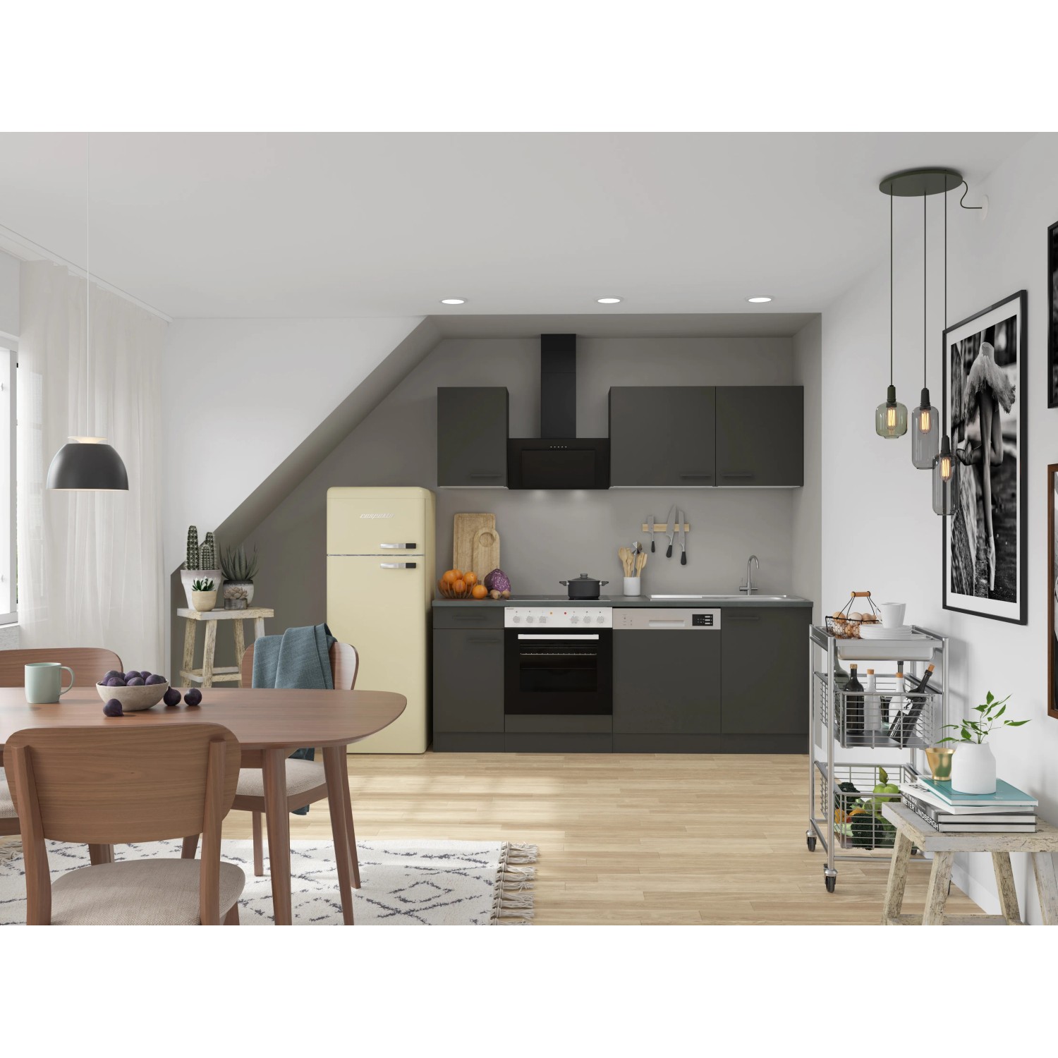 Moderne OPTIFIT Madrid420 Küchenzeile in Anthrazit, 210 cm breit, ohne E-Geräte.