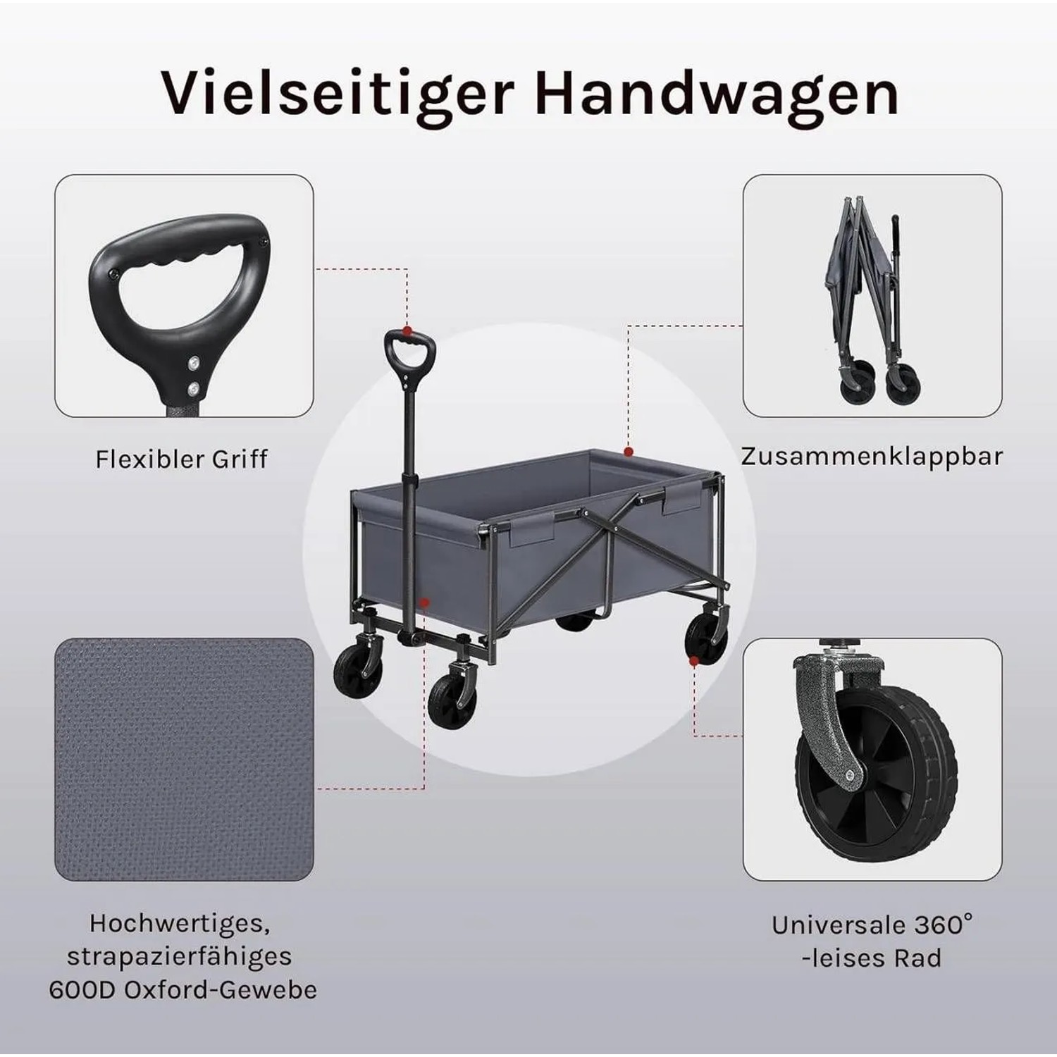 WOLTU Faltbarer Bollerwagen Verstellbarer Griff Räder Mit Bremsen Grau_5