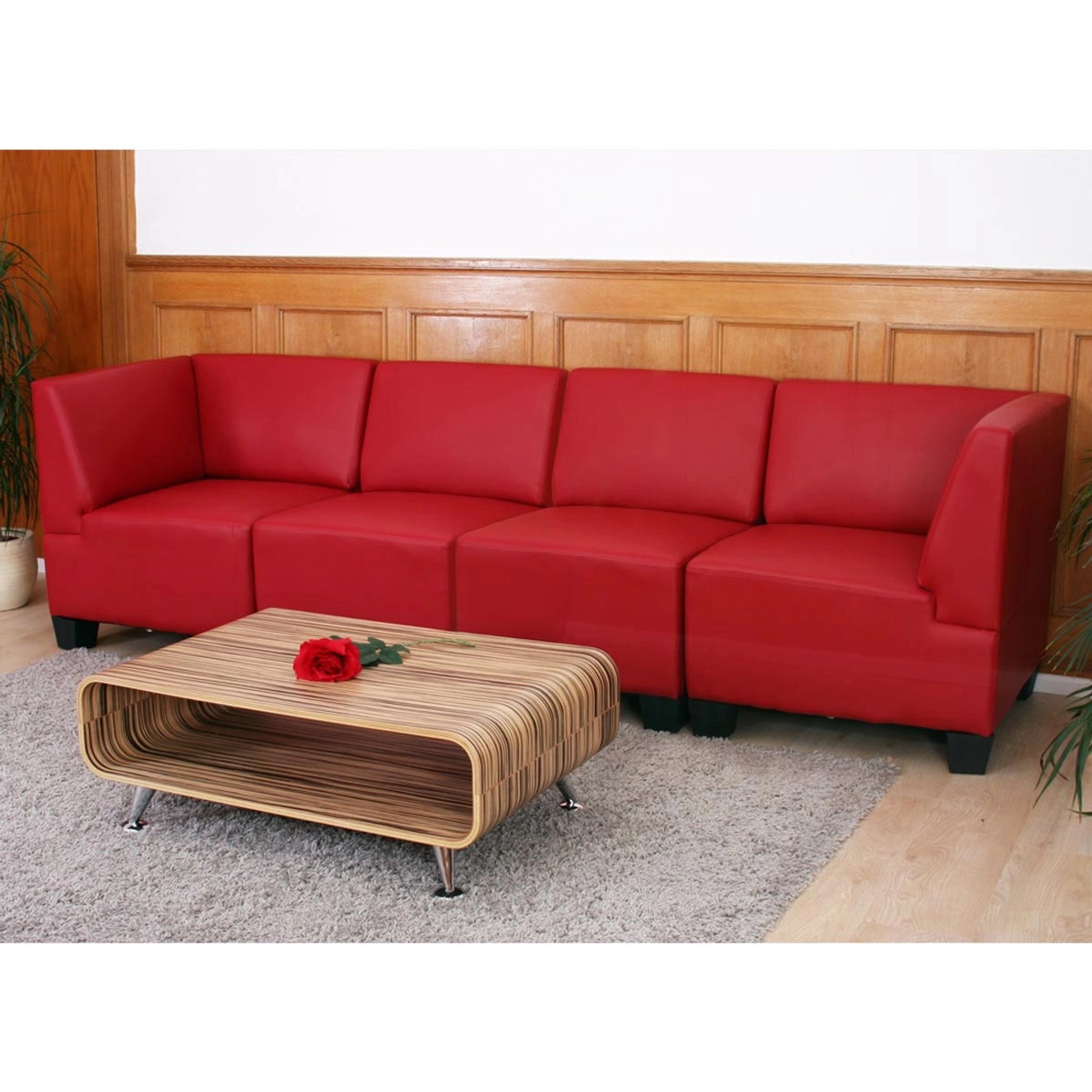 Rotes 4-Sitzer Sofa MCW Moncalieri mit hohen Armlehnen im Lounge-Stil.