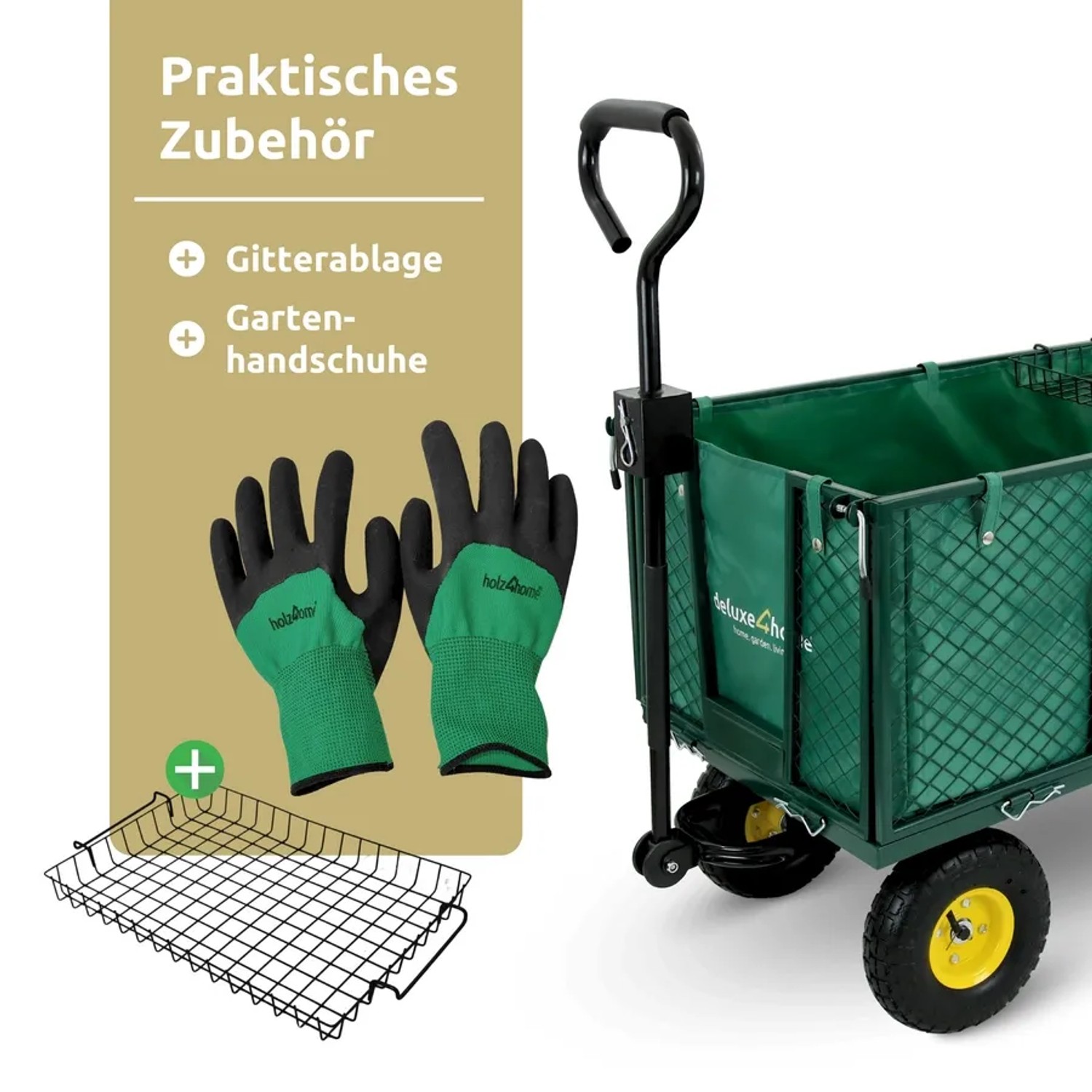 deluxe4home Bollerwagen grün mit Zubehör: Handschuhe und Gitterablage für Camping & Garten.