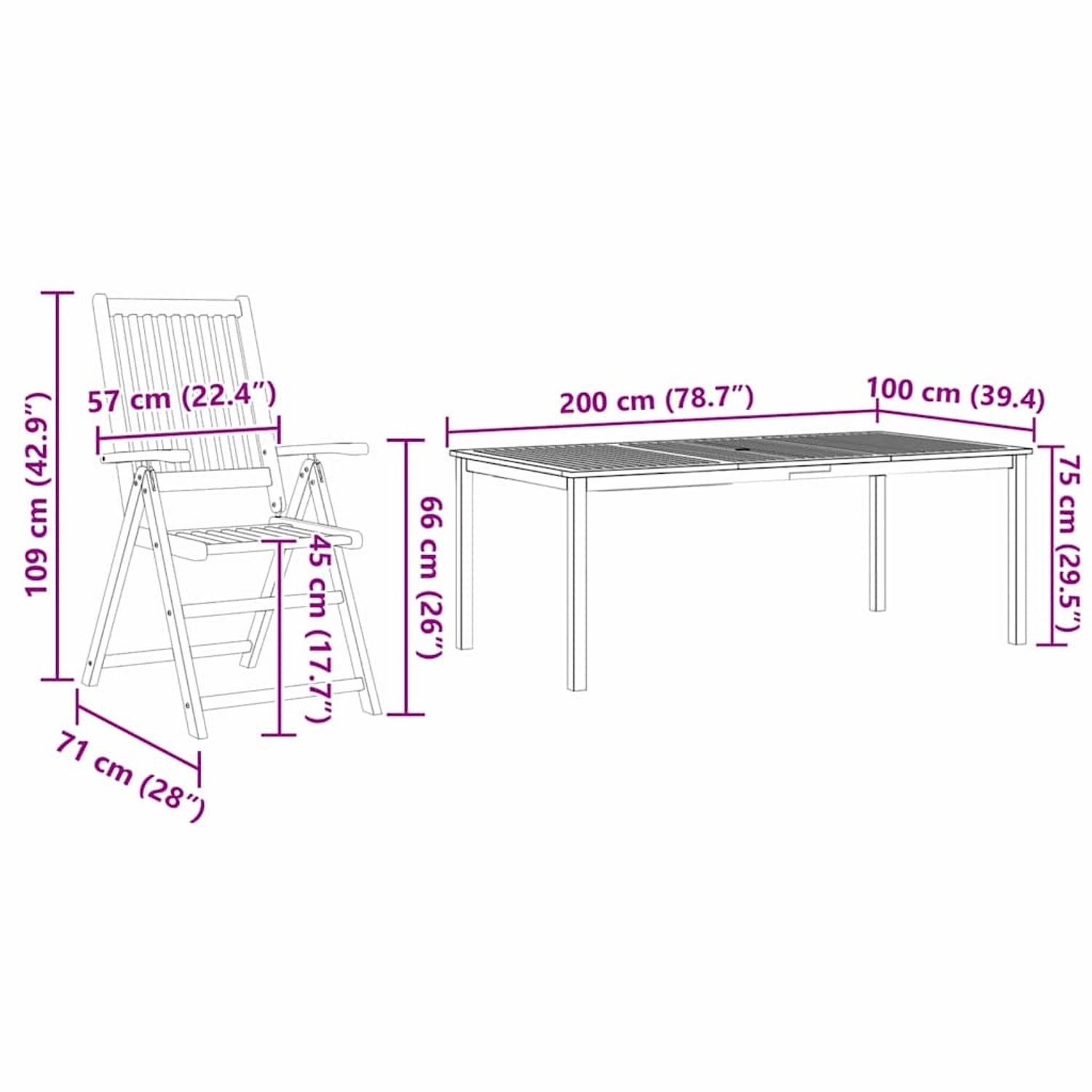 vidaXL 7-tlg. Garten-Essgruppe aus Akazienholz, klappbar, mit Maßangaben.