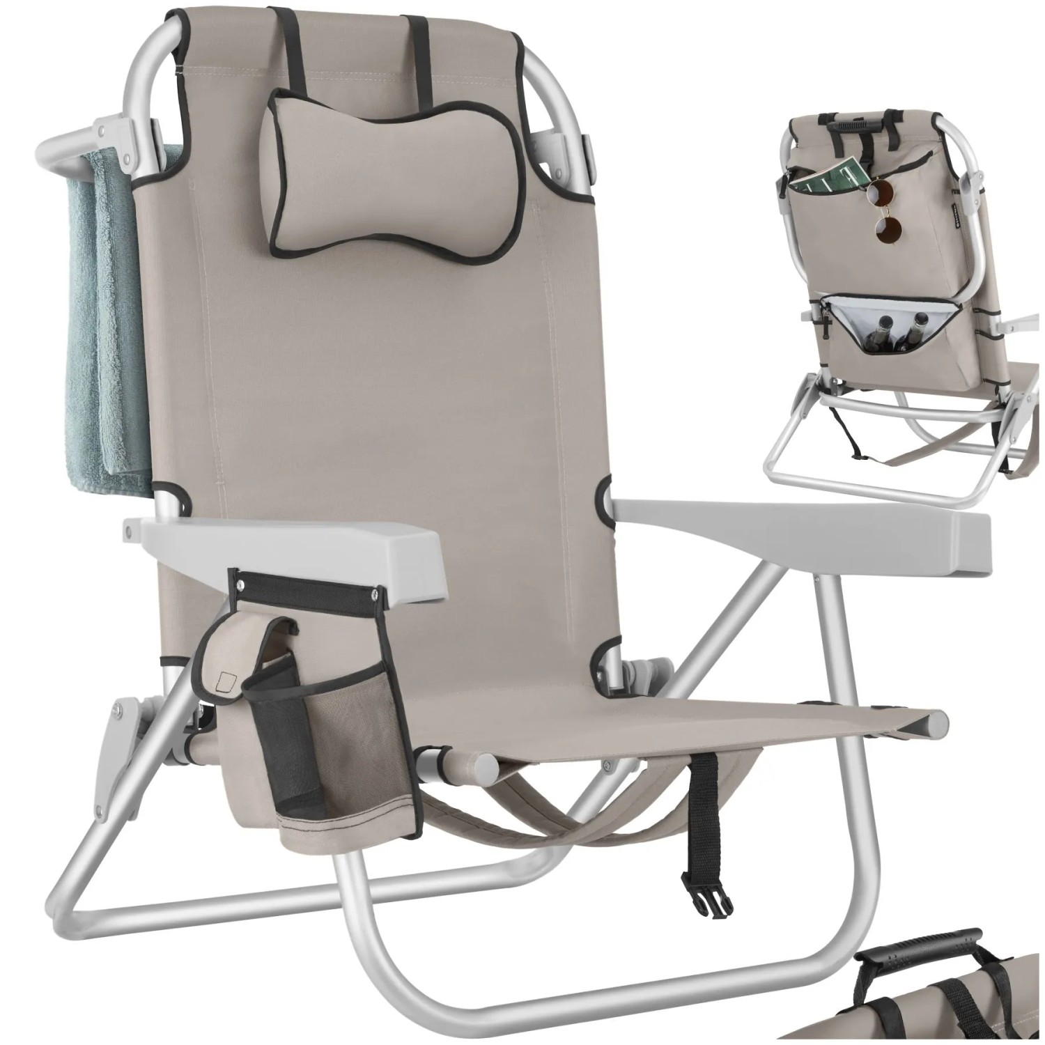 Tectake Aluminium Strandstuhl Coral Klappbar  Mit Rucksackfunktion Wetterfest und Uv Beständig Pro Stück 101 x 63 x 78 cm Beige