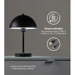 Schwarze, kabellose LED Tischlampe „Leuchtturm“ von mokebo, dimmbar und aufladbar.