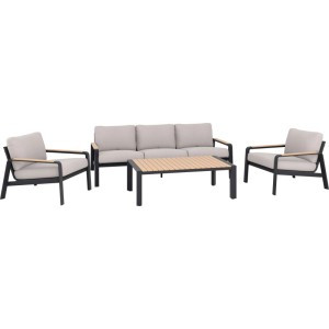 4-teiliges Lounge-Set Branford in Anthrazit-Beige mit Alu-Stahl-Gestell und Holzelementen.