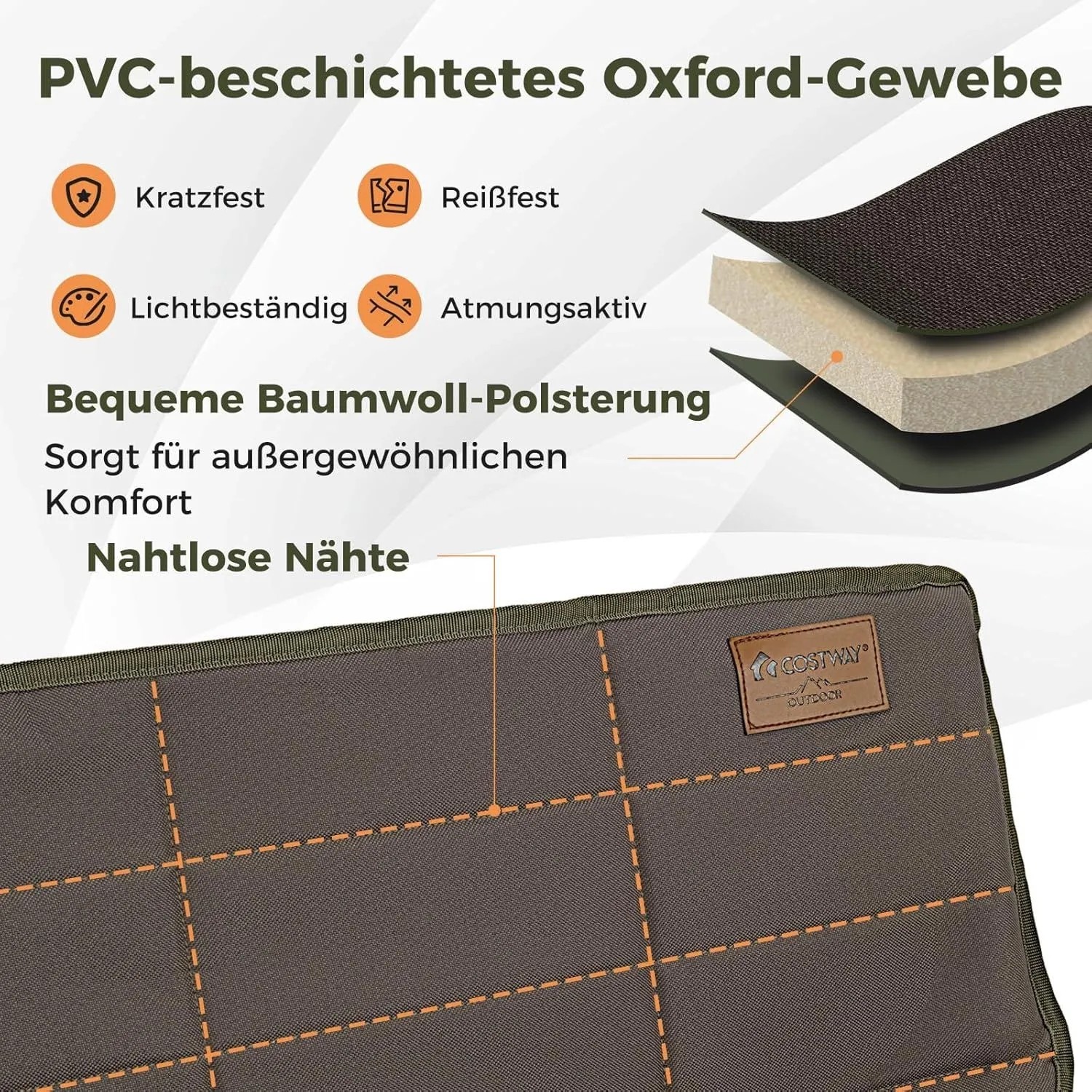 Detailansicht des robusten Oxford-Gewebes vom Campingstuhl. Gepolsterter Sitz mit Nähten, kratzfest, reißfest und atmungsaktiv.