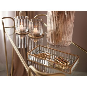 Grau-goldener Teelichthalter ModernAntique, 9 cm, mit Riffelstruktur und Teelicht auf einem Tisch.