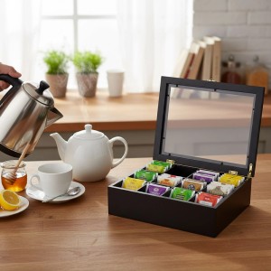 Relaxdays Teebox Bambus Schwarz mit 12 Fächern Sichtfenster 8 cm x 28 cm x 23 cm