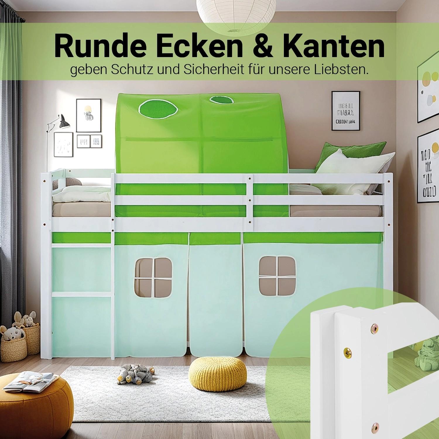 Homestyle4u Kinder Hochbett 90x200 mit grünem Tunnel und Vorhang. Weißes Kinderbett mit Leiter.