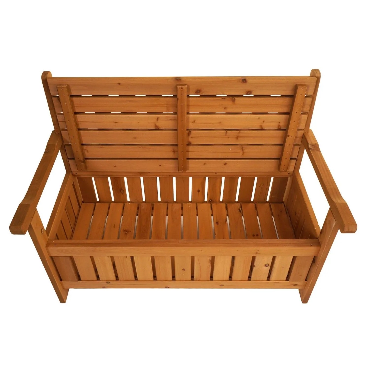 Offene Gartenbank aus Tannenholz mit Stauraum, braun. Truhenbank für Outdoor-Aufbewahrung.