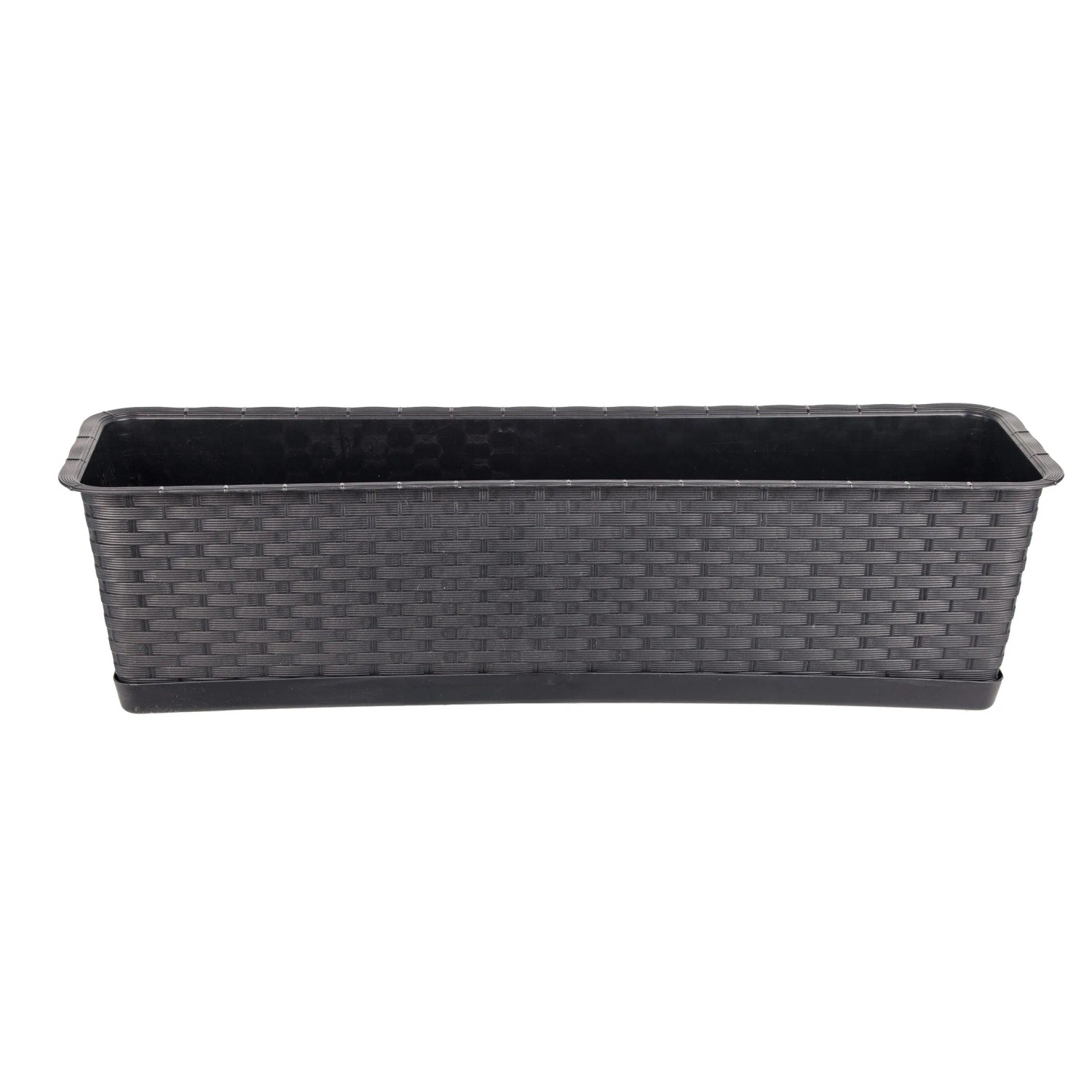 BigDean Blumenkasten Mit Untersetzer 60 Cm Lang Rattan Optik Anthrazit Aus PP Kunststoff Balkon Pflanzkasten Schmal Balkonkasten