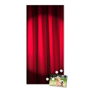 Weiße Magnettafel 37x78cm mit rotem Vorhang Motiv, inkl. Magnete. Wanddekoration für Notizen und Fotos.