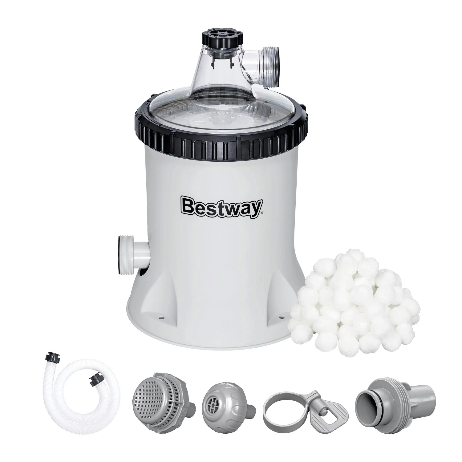 Weiße Bestway Polysphere Filterpumpe mit transparentem Deckel, daneben Polysphere Filterbälle und Pool Zubehör. Pool Filtermedien.