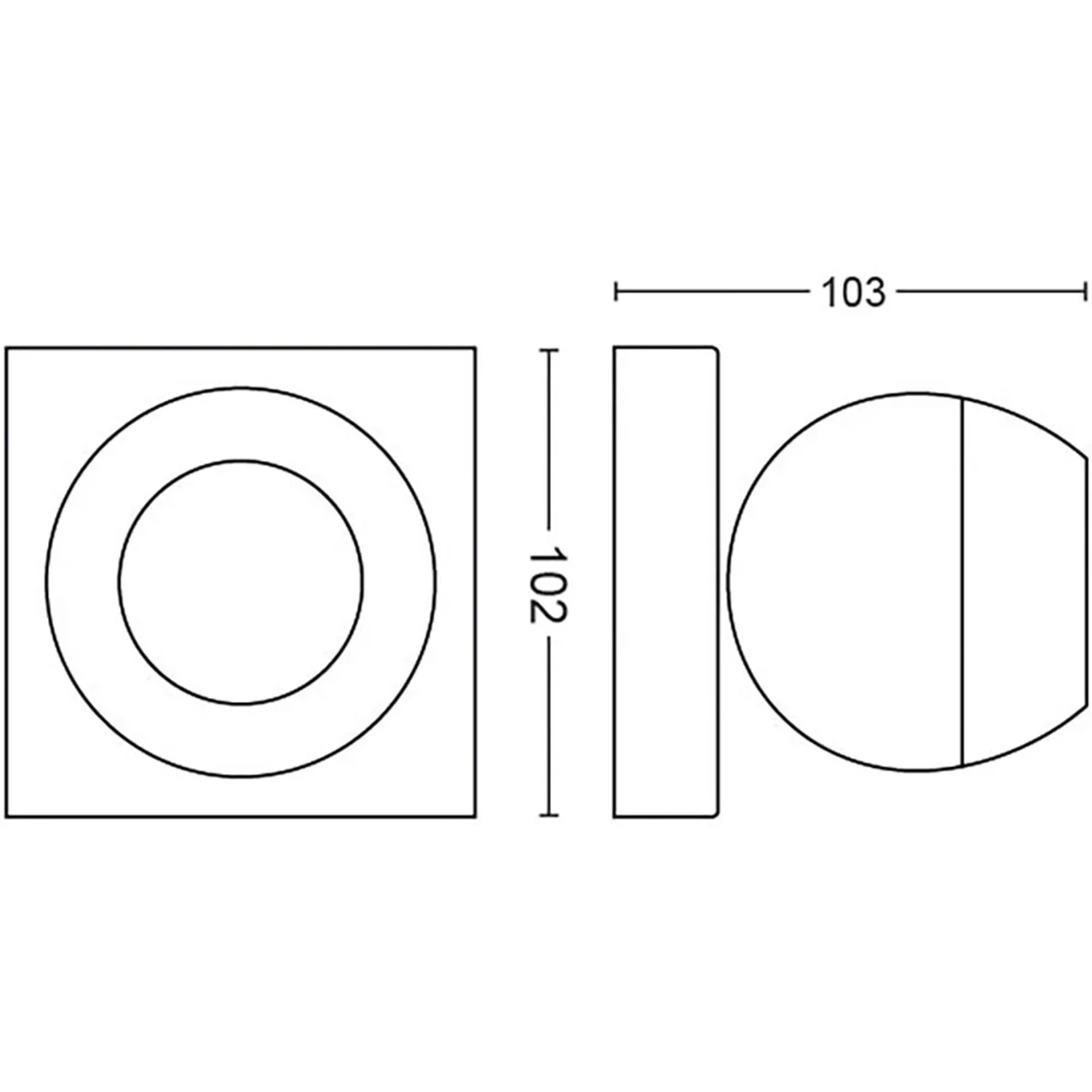 Technische Zeichnung des schwarzen Philips Hue Buckram LED-Spots mit Maßen.