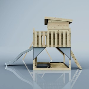 PolarPlay Spielturm Nils mit Schaukel und Rutsche, aus unbehandeltem Holz.