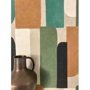 Moderne Vliestapete mit abstraktem Grafikmuster in Grün, Terracotta, Creme und Anthrazit. Leinen-Optik.