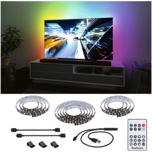 Paulmann EntertainLED USB-LED-Streifen für 75-Zoll-TV mit Farbwechsel und Fernbedienung.