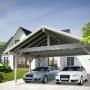 Palmako Doppelcarport Robert, braun, aus Holz, mit zwei parkenden Autos vor einem Haus.