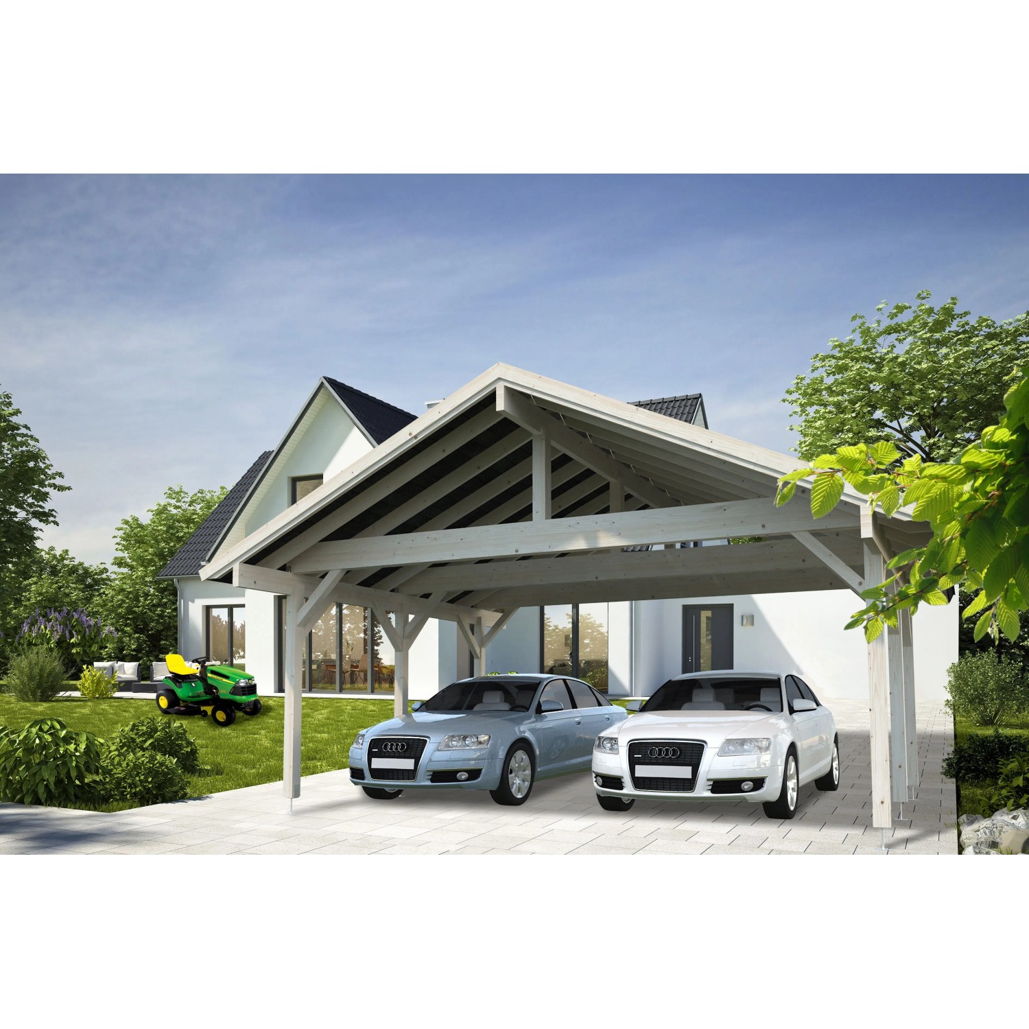 Palmako Doppelcarport Robert, braun, aus Holz, mit zwei parkenden Autos vor einem Haus.