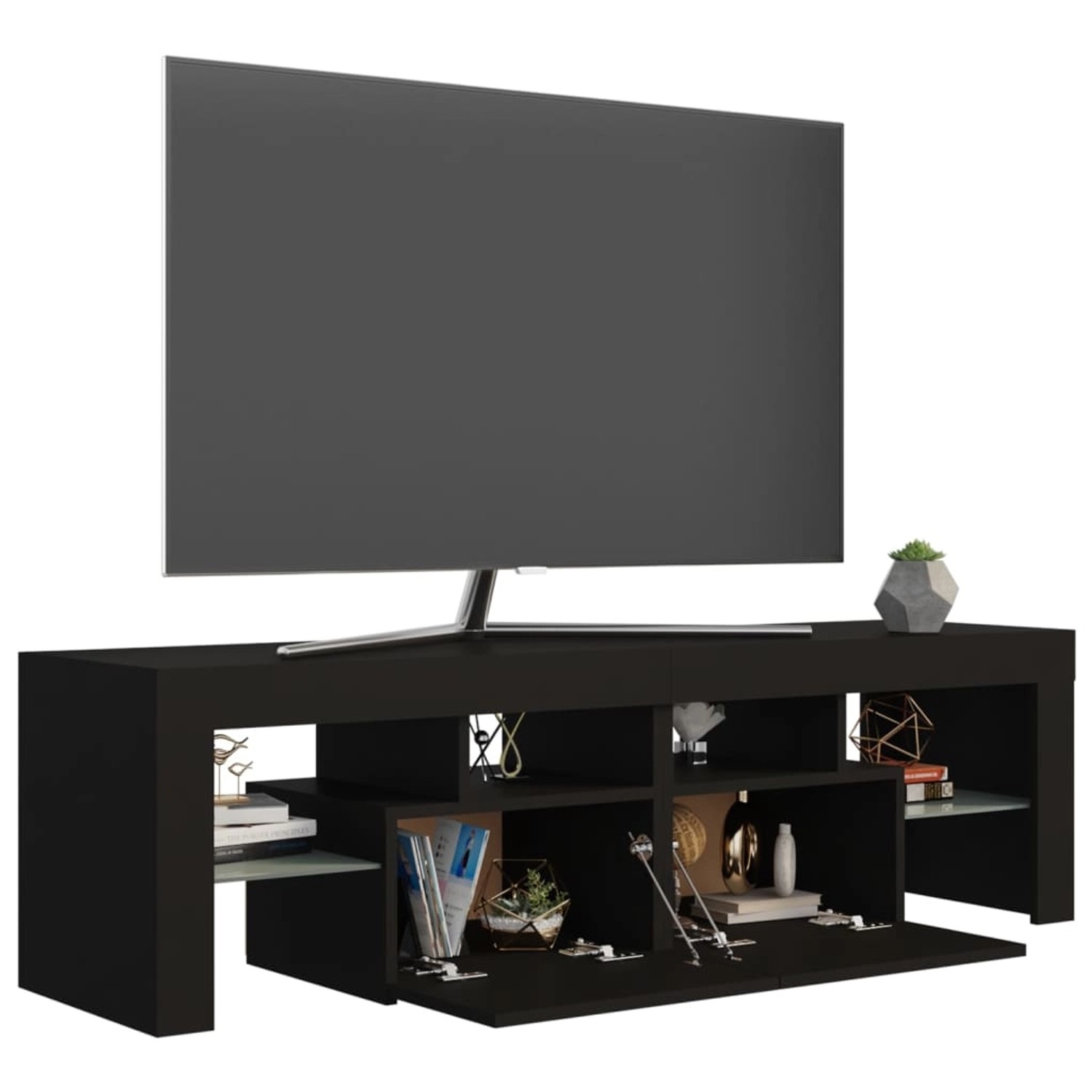 Schwarzer VidaXL TV-Schrank mit LED-Beleuchtung, 140 cm breit, Teil der Wohnwand.
