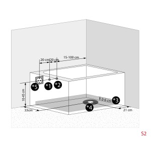 Skizze der AquaVapore Seniorenwanne mit Tür S17-EH-WP-L 150x75cm, Maße und Anschlüsse.
