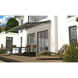 Spettmann Gelenkarmmarkise, 250x200 cm, anthrazit-beige gestreift, montiert an Hauswand über Terrasse.